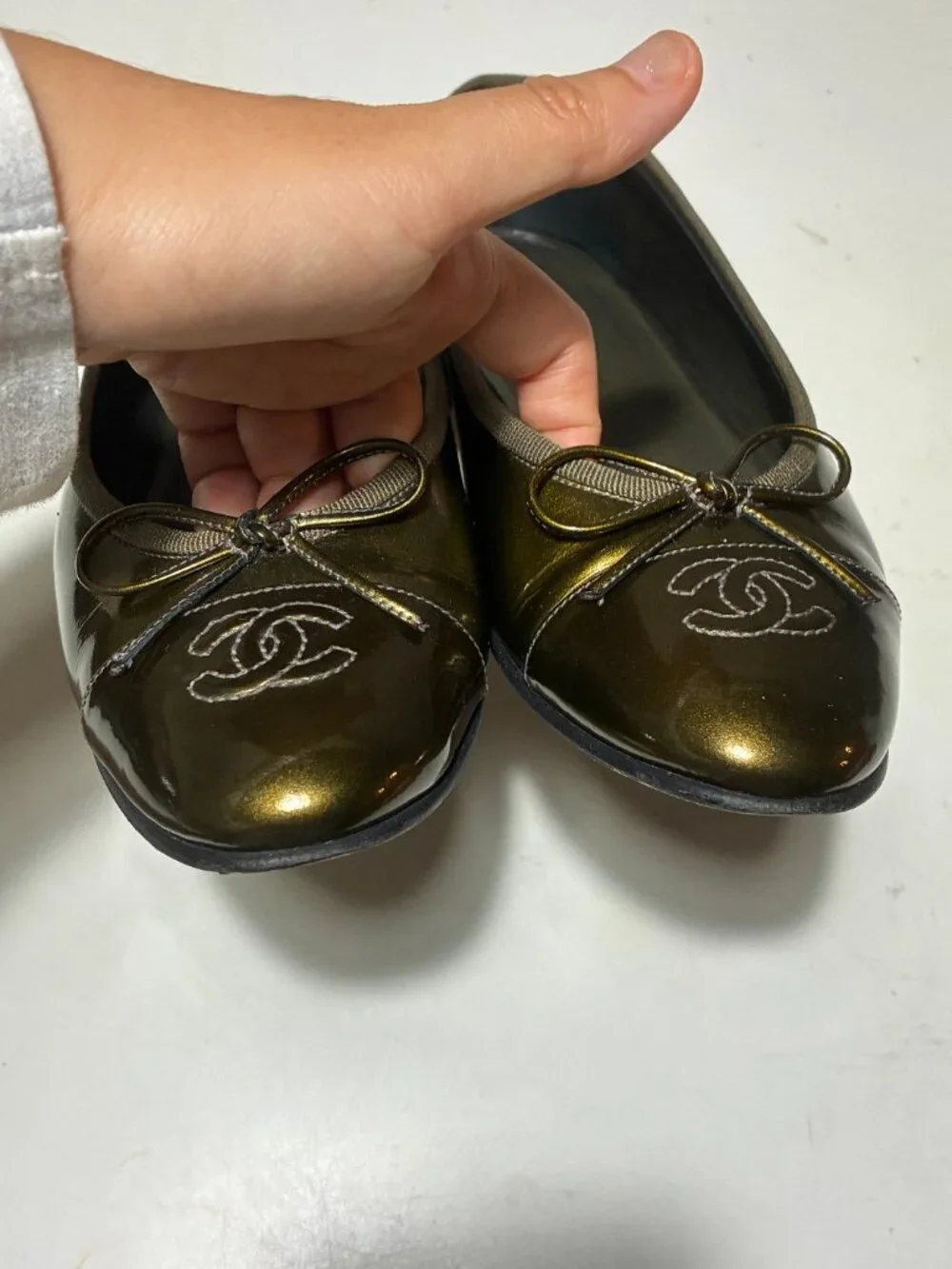 Chanel Olive Green Patent Ballet Flats 37